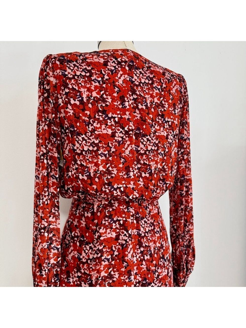 The Kooples Red Floral Long Sheer Sleeve Mini Wrap Dress Womens Size 0 Paris - Picture 7 of 15